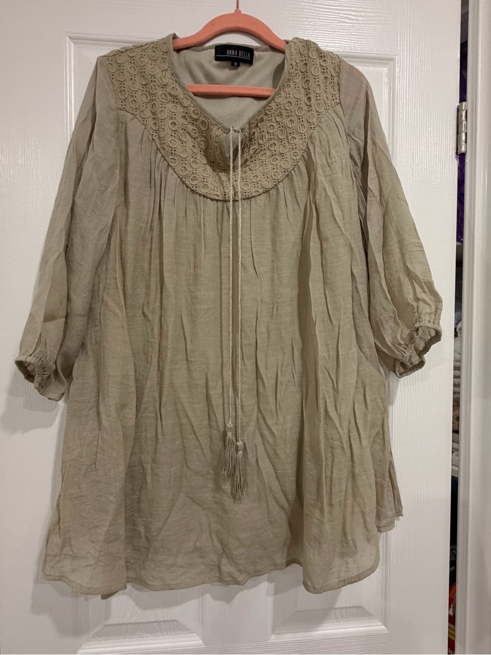 Annabella Beige Crochet Yoke Peasant Tunic